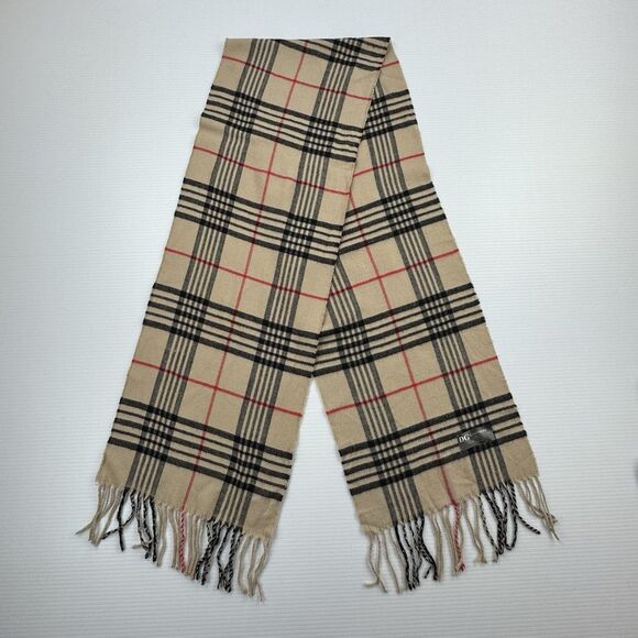 DG Cashmere Accessories - DG Cashmere Plaid Scarf Beige Check Fringe Soft Acrylic Classic Luxury Heritage